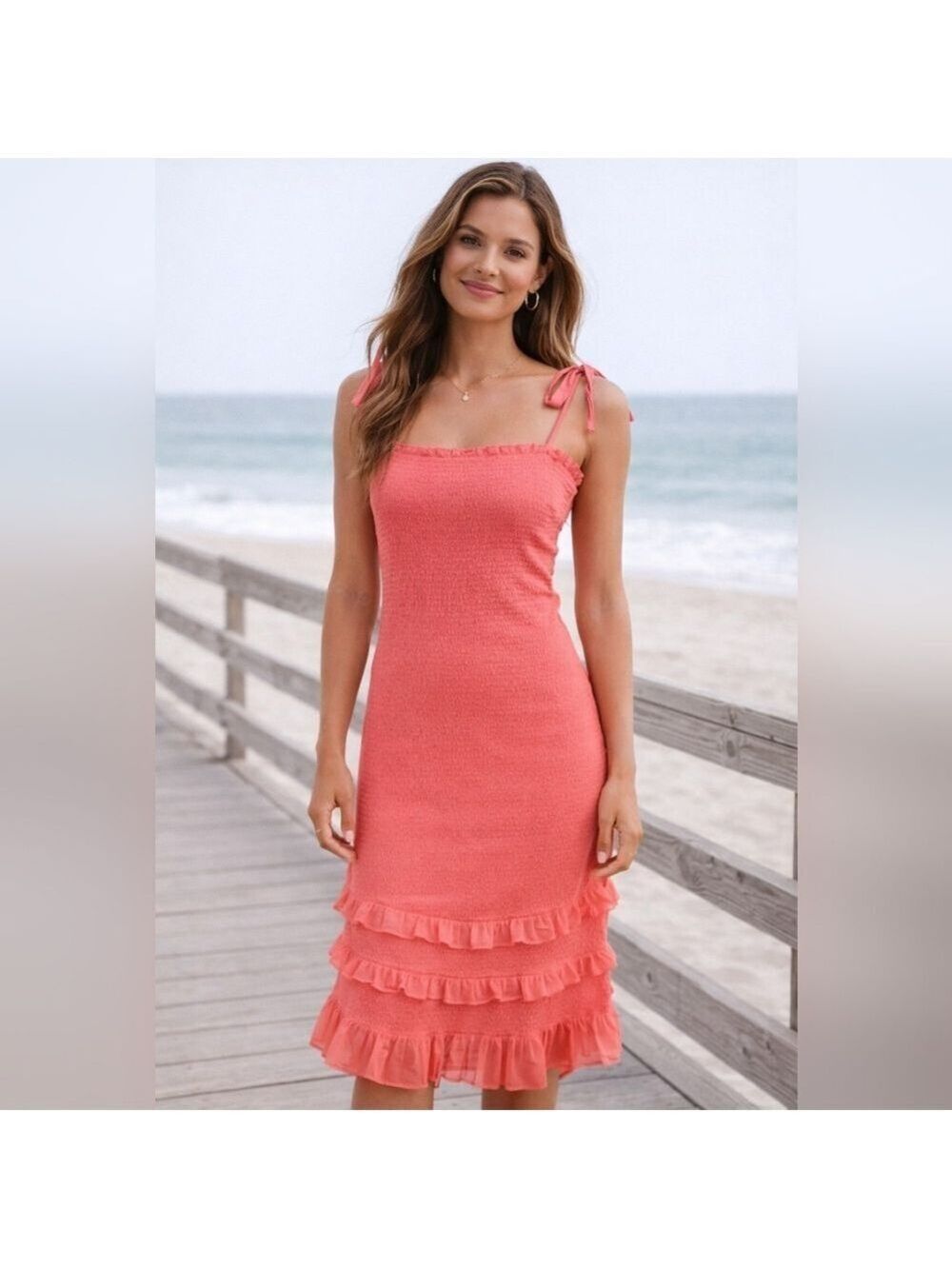 Abercrombie & Fitch Tie Strap Smocked Midi Coral Fun & Flirty Sundress  Size L